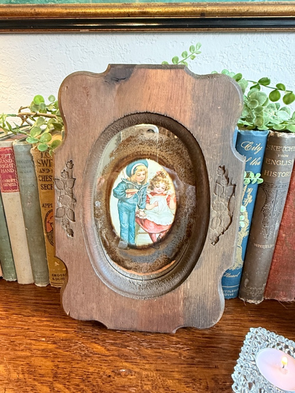 Vintage Reflective Art Chunky Wood Framed Oval Print